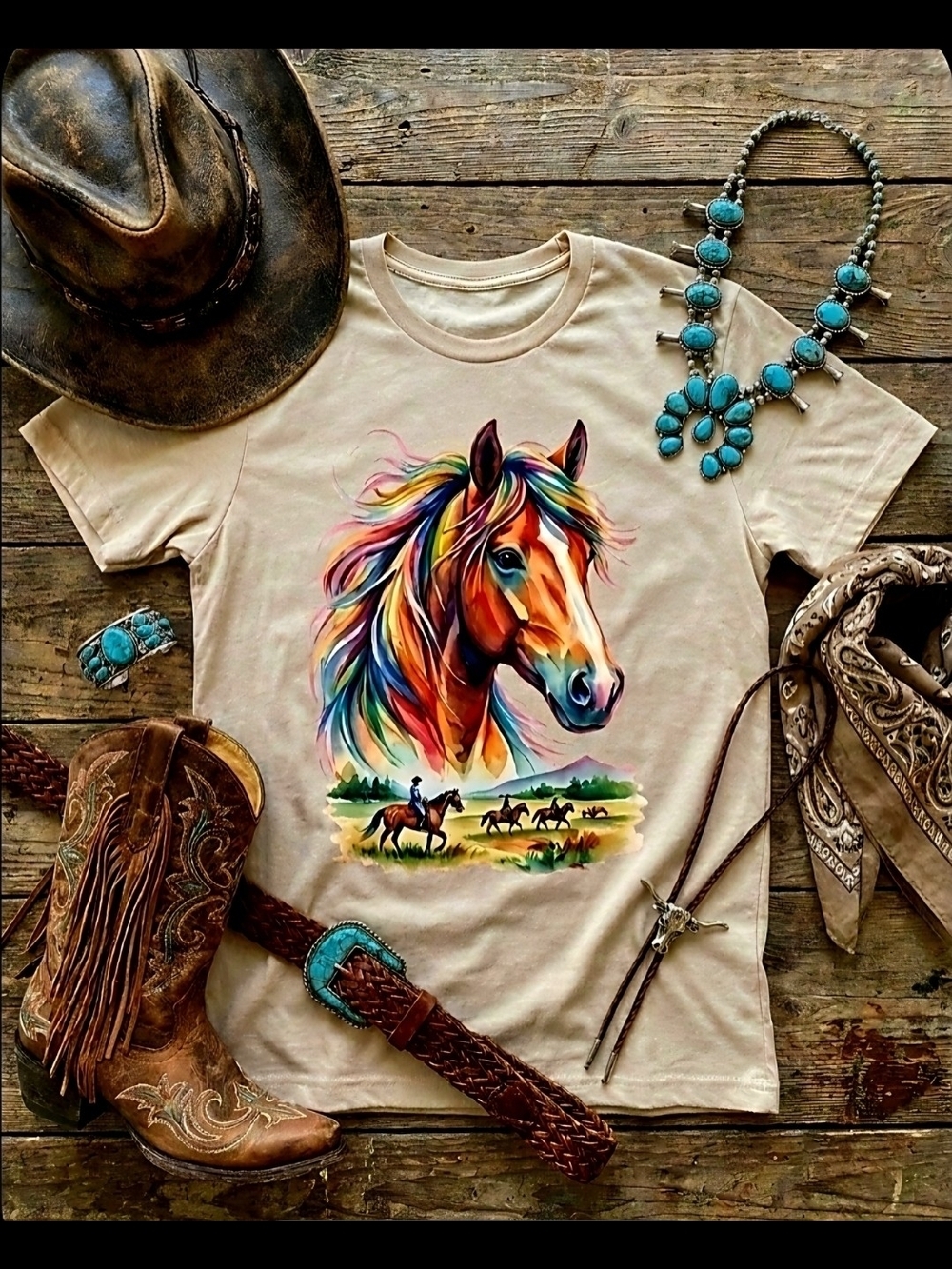 Colorful Mane Horse Tee • Western Cowgirl Graphic Shirt • Colorful Horse Art •